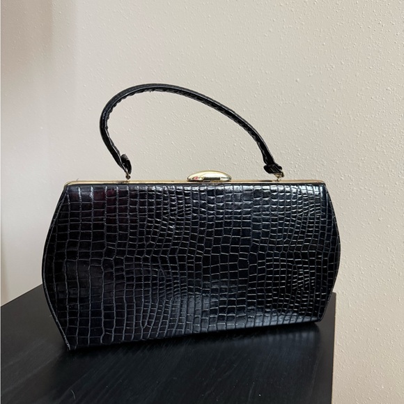 Vintage Black Croc Embossed Top Handle Clutch Prom Wedding